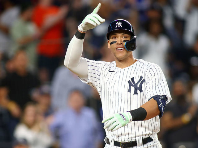 Aaron Judge of the New York Yankees follows through his swing after News  Photo - Getty Images