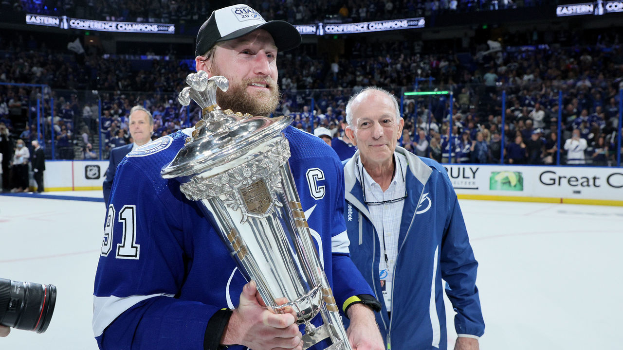 TAMPA, FLORIDA - JUNE 11: Steven Stamkos #91 of the Tampa Bay Lightning skates with the Eastern Conference Prince of Wales Trophy after defeating the New York Rangers with a score of 2 to 1 in Game Six to win the Eastern Conference Final of the 2022 Stanley Cup Playoffs at Amalie Arena on June 11, 2022 in Tampa, Florida.