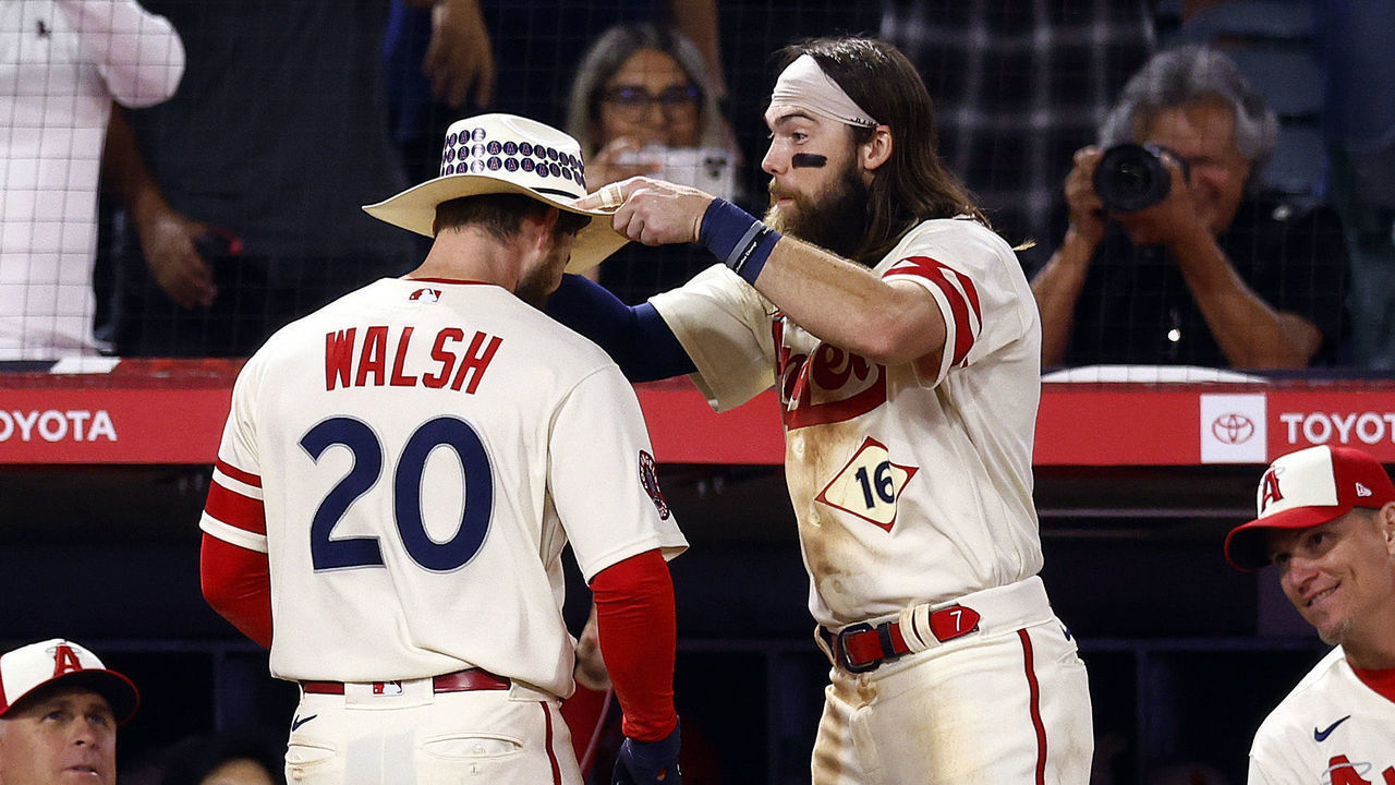 ANAHEIM, CALIFORNIA - JUNE 11: Jared Walsh #20 and Brandon Marsh #16 of the Los Angeles Angels celebrate a home run against the New York Mets in the seventh inning at Angel Stadium of Anaheim on June 11, 2022 in Anaheim, California.