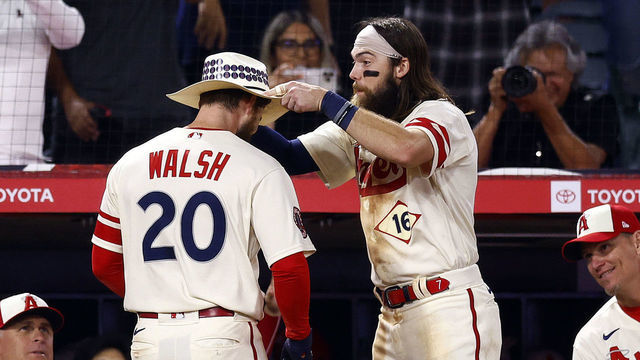 ANAHEIM, CALIFORNIA - JUNE 11: Jared Walsh #20 and Brandon Marsh #16 of the Los Angeles Angels celebrate a home run against the New York Mets in the seventh inning at Angel Stadium of Anaheim on June 11, 2022 in Anaheim, California.