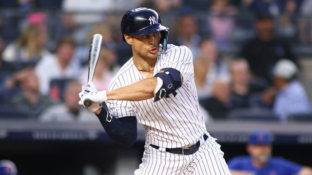 NEW YORK, NEW YORK - JUNE 11: Giancarlo Stanton #27 of the New York Yankees hits a fourth inning home run against the Chicago Cubs at Yankee Stadium on June 11, 2022 in New York City. New York Yankees defeated the Chicago Cubs 8-0.