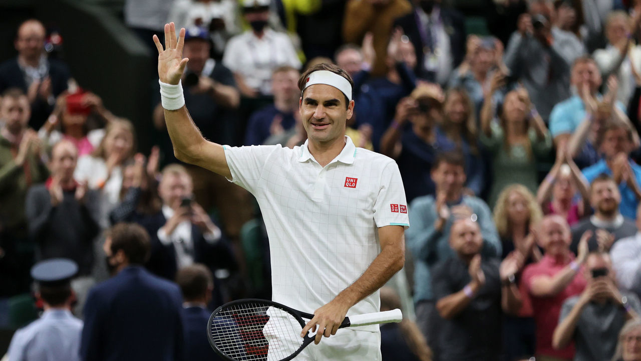 LONDON, ENGLAND - JULY 05: Roger Federer of Switzerland celebrates victory after winning his Men's Singles Fourth Round match against Lorenzo Sonego of Italy during Day Seven of The Championships - Wimbledon 2021 at All England Lawn Tennis and Croquet Club on July 05, 2021 in London, England.