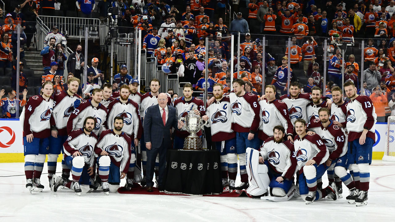 EDMONTON, ALBERTA - JUNE 06: The Colorado Avalanche pose with the Clarence S. Campbell Bowl after defeating the Edmonton Oilers 6-5 winning the NHL Stanley Cup Western Conference Final at Rogers Place June 06, 2022. The Avalanche won 6-5 to move on to the Stanley Cup Final.