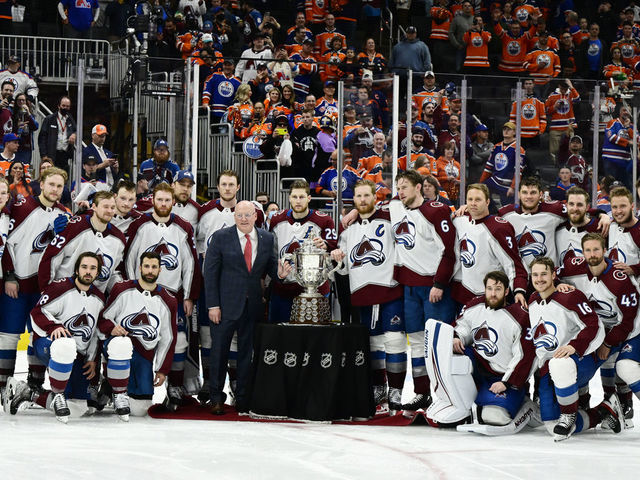 EDMONTON, ALBERTA - JUNE 06: The Colorado Avalanche pose with the Clarence S. Campbell Bowl after defeating the Edmonton Oilers 6-5 winning the NHL Stanley Cup Western Conference Final at Rogers Place June 06, 2022. The Avalanche won 6-5 to move on to the Stanley Cup Final.