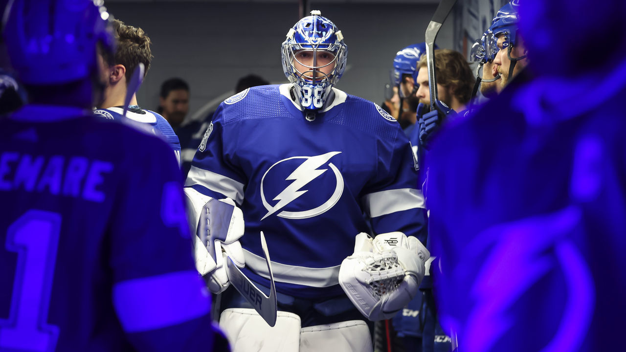 TAMPA, FL - JUNE 11: Goalie Andrei Vasilevskiy #88 of the Tampa Bay Lightning gets ready for the game against the New York Rangers before Game Six of the Eastern Conference Final of the 2022 Stanley Cup Playoffs at Amalie Arena on June 11, 2022 in Tampa, Florida.