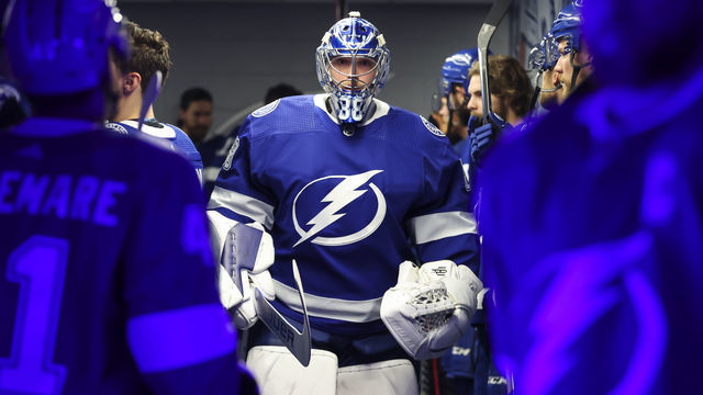 TAMPA, FL - JUNE 11: Goalie Andrei Vasilevskiy #88 of the Tampa Bay Lightning gets ready for the game against the New York Rangers before Game Six of the Eastern Conference Final of the 2022 Stanley Cup Playoffs at Amalie Arena on June 11, 2022 in Tampa, Florida.