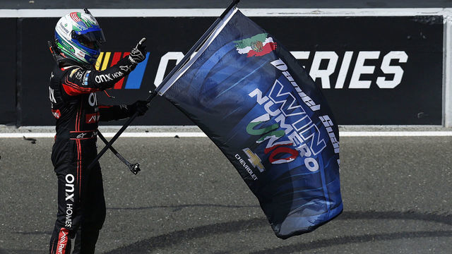 SONOMA, CALIFORNIA - JUNE 12: Daniel Suarez, driver of the #99 Onx Homes/Renu Chevrolet, celebrates after winning the NASCAR Cup Series Toyota/Save Mart 350 at Sonoma Raceway on June 12, 2022 in Sonoma, California.