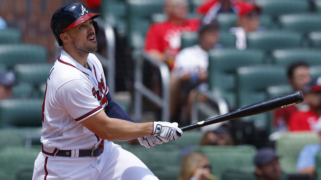 ATLANTA, GA - JUNE 12: Adam Duvall #14 of the Atlanta Braves hits his second home run of the day during the fourth inning against the Pittsburgh Pirates at Truist Park on June 12, 2022 in Atlanta, Georgia.