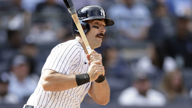 NEW YORK, NY - JUNE 12: Matt Carpenter #24 of the New York Yankees hits an RBI double against the Chicago Cubs during the seventh inning at Yankee Stadium on June 12, 2022 in New York City.