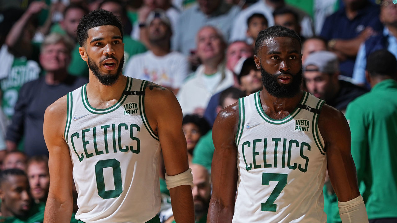 BOSTON, MA - JUNE 10: Jayson Tatum #0 and Jaylen Brown #7 of the Boston Celtics walk off the court against the Golden State Warriors during Game Four of the 2022 NBA Finals on June 10, 2022 at TD Garden in Boston, Massachusetts. NOTE TO USER: User expressly acknowledges and agrees that, by downloading and or using this photograph, user is consenting to the terms and conditions of Getty Images License Agreement. Mandatory Copyright Notice: Copyright 2022 NBAE
