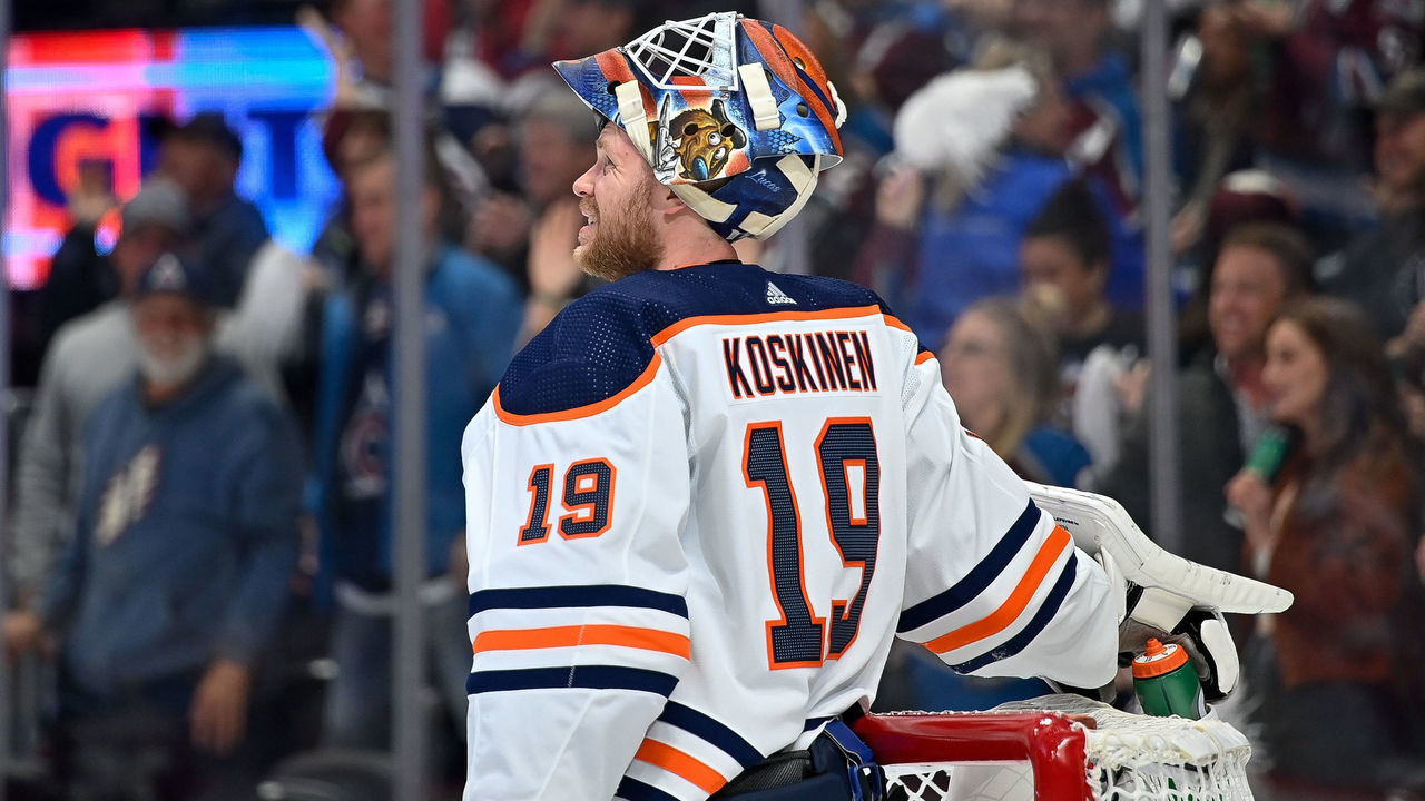 DENVER, CO - MAY 31: Edmonton Oilers goaltender Mikko Koskinen (19) looks on during a Stanley Cup Playoffs Western Conference Finals game between the Edmonton Oilers and the Colorado Avalanche at Ball Arena in Denver, Colorado on May 31, 2022.