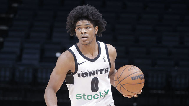 STOCKTON, CA - MARCH 6: Scoot Henderson #0 of the G League Ignite dribbles the ball during the game against the Stockton Kings on March 6, 2022 at Stockton Arena in Stockton, California. NOTE TO USER: User expressly acknowledges and agrees that, by downloading and or using this photograph, User is consenting to the terms and conditions of the Getty Images Agreement. Mandatory Copyright Notice: Copyright 2022 NBAE