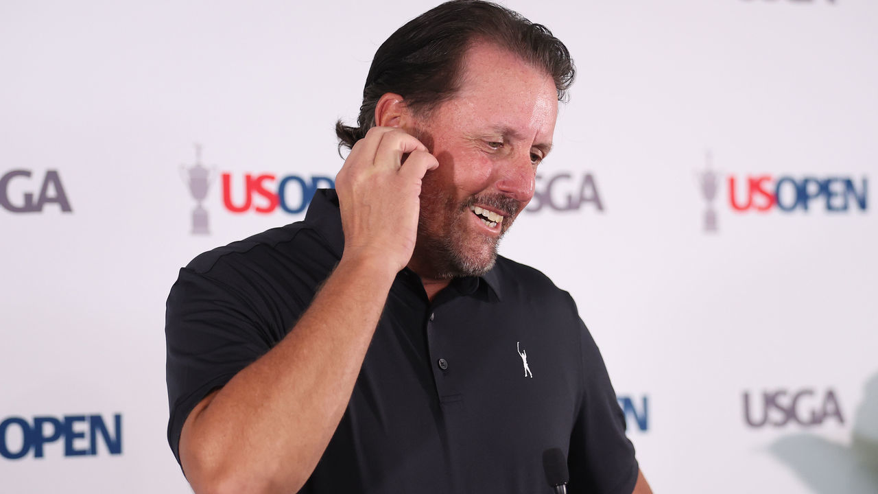 BROOKLINE, MASSACHUSETTS - JUNE 13: Phil Mickelson of the United States speaks to the media during a press conference prior to the 2022 U.S. Open at The Country Club on June 13, 2022 in Brookline, Massachusetts.