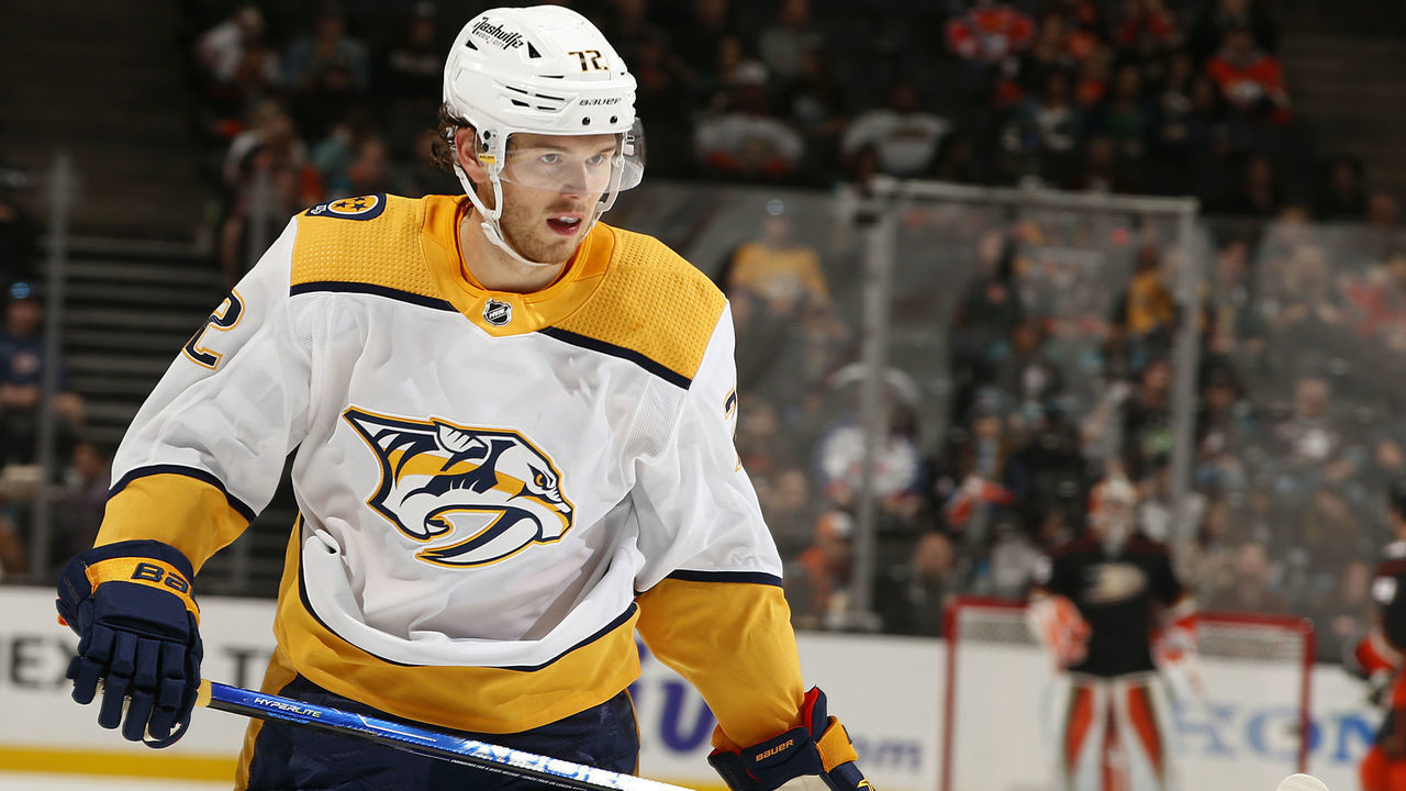 ANAHEIM, CA - MARCH 21: Jeremy Lauzon #72 of the Nashville Predators skates during the game against the Anaheim Ducks at Honda Center on March 21, 2022 in Anaheim, California.