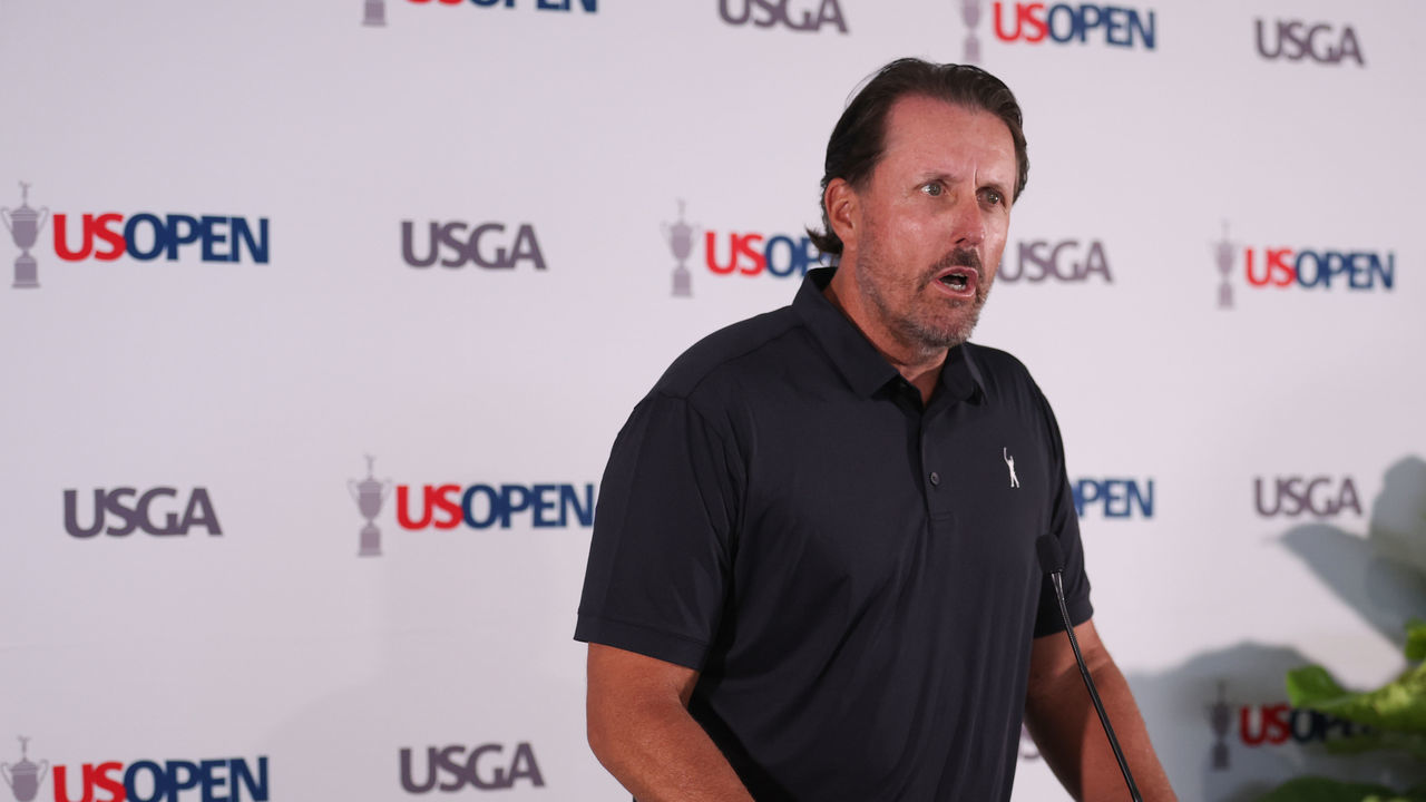 BROOKLINE, MASSACHUSETTS - JUNE 13: Phil Mickelson of the United States speaks to the media during a press conference prior to the 2022 U.S. Open at The Country Club on June 13, 2022 in Brookline, Massachusetts.