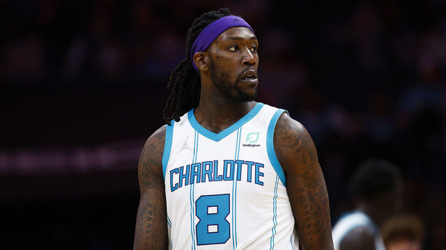 CHARLOTTE, NORTH CAROLINA - FEBRUARY 25: Montrezl Harrell #8 of the Charlotte Hornets looks on in the second half of the game against the Toronto Raptors at Spectrum Center on February 25, 2022 in Charlotte, North Carolina.