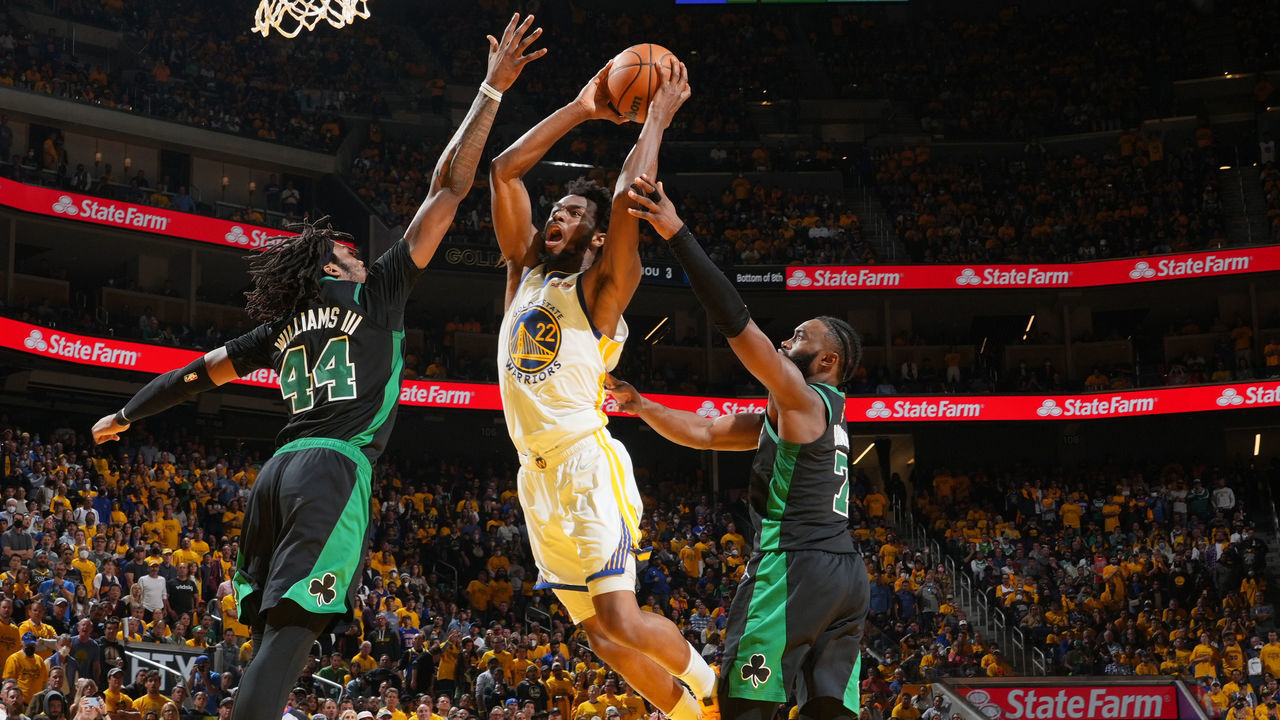 SAN FRANCISCO, CA - JUNE 13: Andrew Wiggins #22 of the Golden State Warriors drives to the basket against the Boston Celtics during Game Five of the 2022 NBA Finals on June 13, 2022 at Chase Center in San Francisco, California. NOTE TO USER: User expressly acknowledges and agrees that, by downloading and or using this photograph, user is consenting to the terms and conditions of Getty Images License Agreement. Mandatory Copyright Notice: Copyright 2022 NBAE