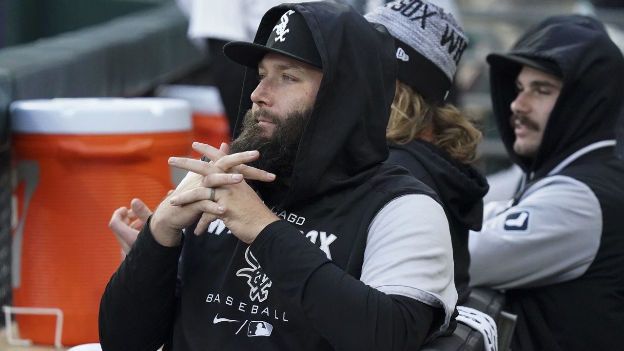 CHICAGO, ILLINOIS - APRIL 26: Lance Lynn #33 of the Chicago White Sox sits in the dugout during a game against the Kansas City Royals at Guaranteed Rate Field on April 26, 2022 in Chicago, Illinois.