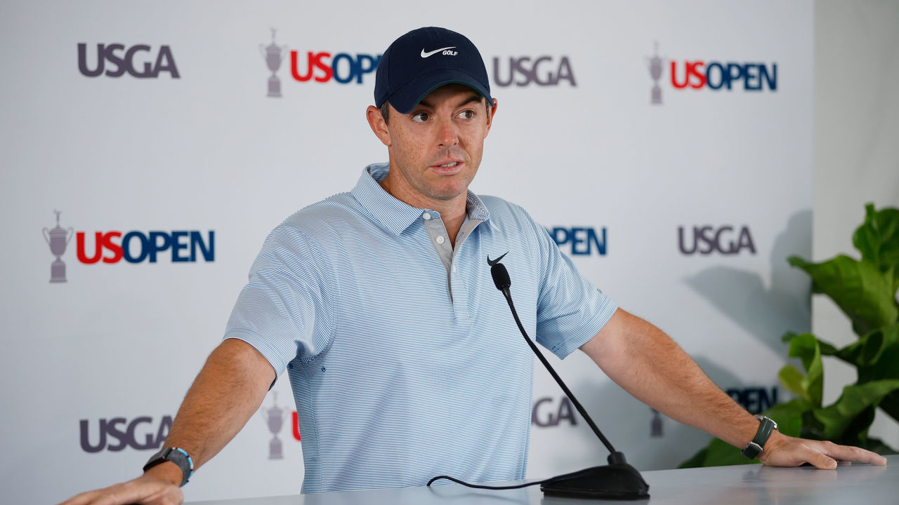 BROOKLINE, MASSACHUSETTS - JUNE 14: Rory McIlroy of Northern Ireland speaks to the media at a press conference during a practice round prior to the US Open at The Country Club on June 14, 2022 in Brookline, Massachusetts.