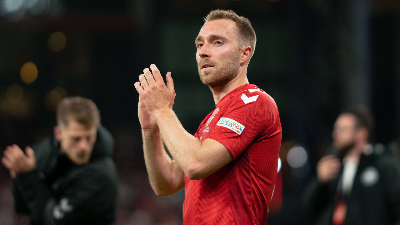 COPENHAGEN, DENMARK - JUNE 13: Christian Eriksen of Denmark Celebrates after winning the UEFA Nations League League A Group 1 match between Denmark and Austria at Parken Stadium on June 13, 2022 in Copenhagen, Denmark.