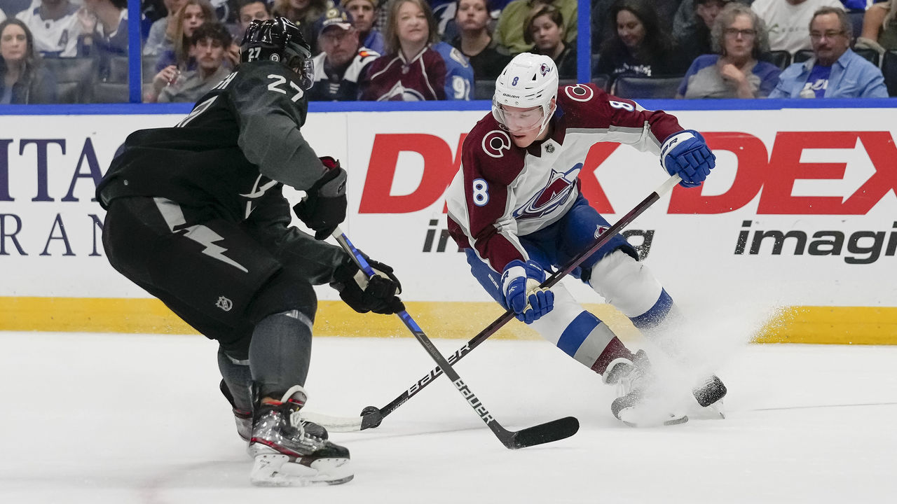 TAMPA, FL - OCTOBER 23:Tampa Bay Lightning defenseman Ryan McDonagh (27) and Colorado Avalanche defenseman Cale Makar (8) during the NHL Hockey match between the Tampa Bay Lightning and Colorado Avalanche on October 23, 2021 at Amalie Arena in Tampa, FL.