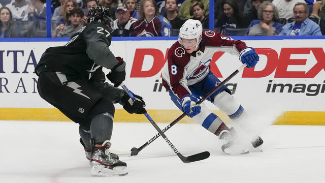 TAMPA, FL - OCTOBER 23:Tampa Bay Lightning defenseman Ryan McDonagh (27) and Colorado Avalanche defenseman Cale Makar (8) during the NHL Hockey match between the Tampa Bay Lightning and Colorado Avalanche on October 23, 2021 at Amalie Arena in Tampa, FL.