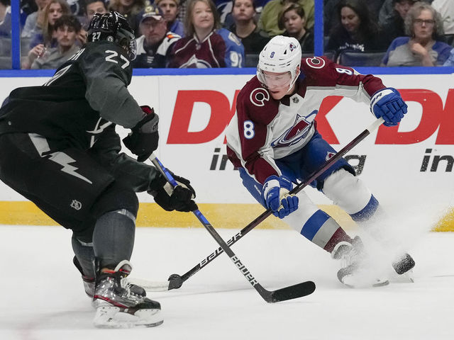 TAMPA, FL - OCTOBER 23:Tampa Bay Lightning defenseman Ryan McDonagh (27) and Colorado Avalanche defenseman Cale Makar (8) during the NHL Hockey match between the Tampa Bay Lightning and Colorado Avalanche on October 23, 2021 at Amalie Arena in Tampa, FL.