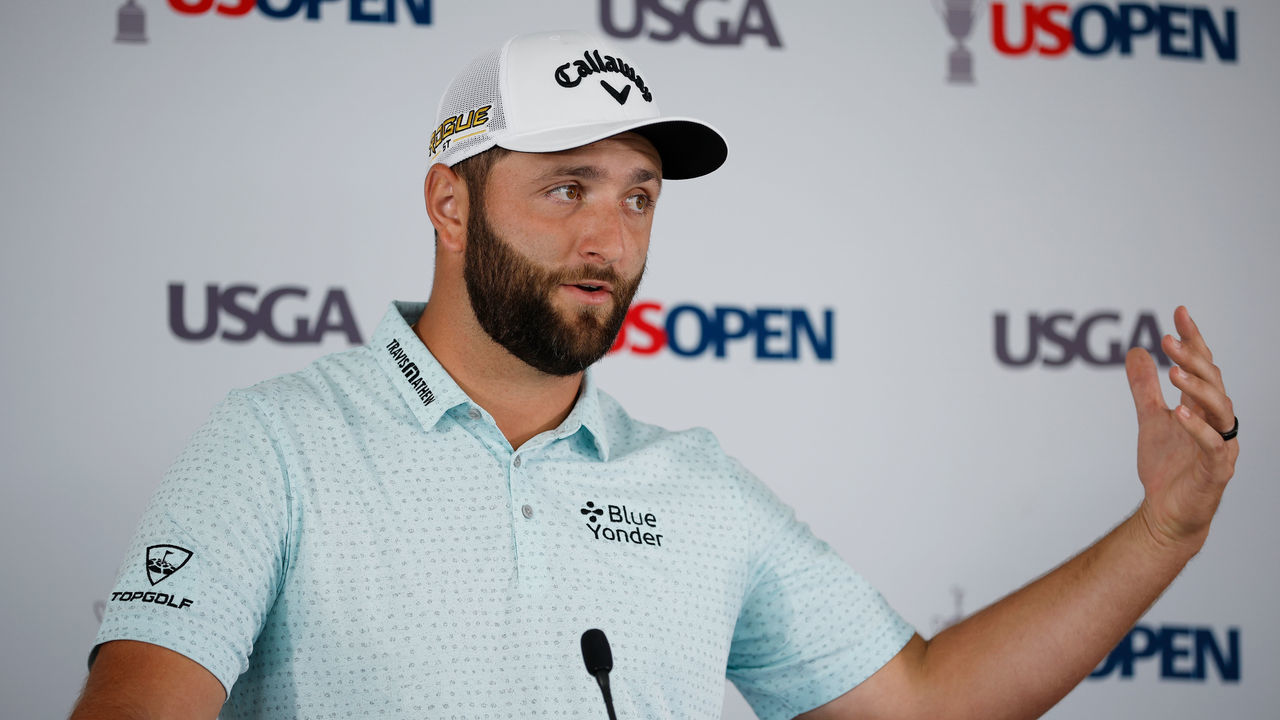 BROOKLINE, MASSACHUSETTS - JUNE 14: Jon Rahm of Spain speaks to the media at a press conference during a practice round prior to the US Open at The Country Club on June 14, 2022 in Brookline, Massachusetts.