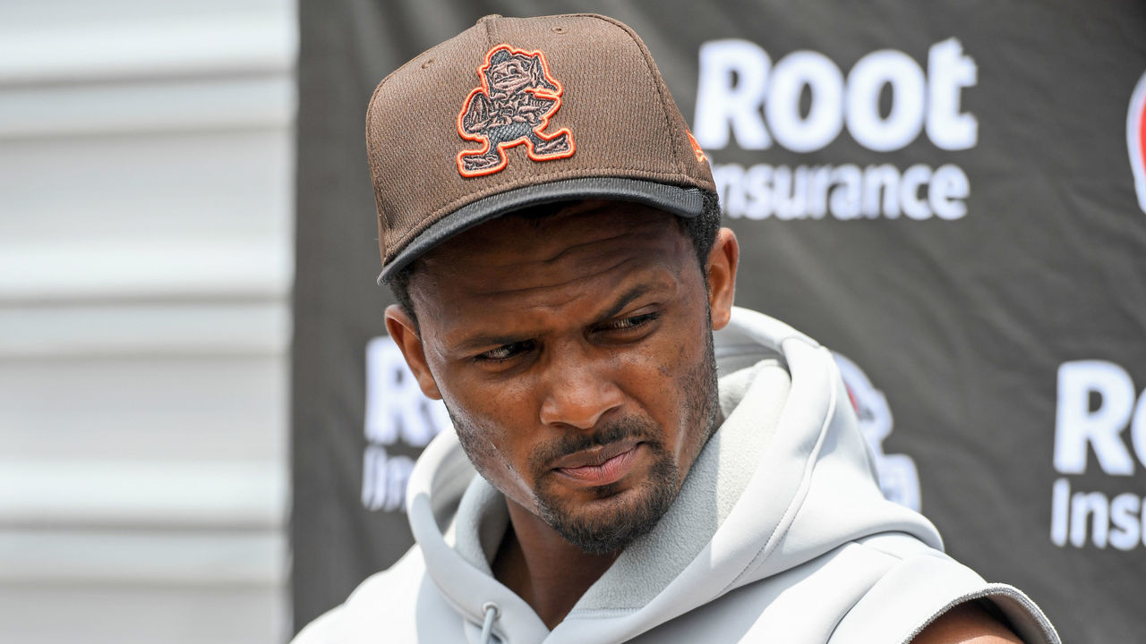 BEREA, OH - JUNE 14: Deshaun Watson #4 of the Cleveland Browns listens to questions during press conference after the Cleveland Browns mandatory minicamp at CrossCountry Mortgage Campus on June 14, 2022 in Berea, Ohio.