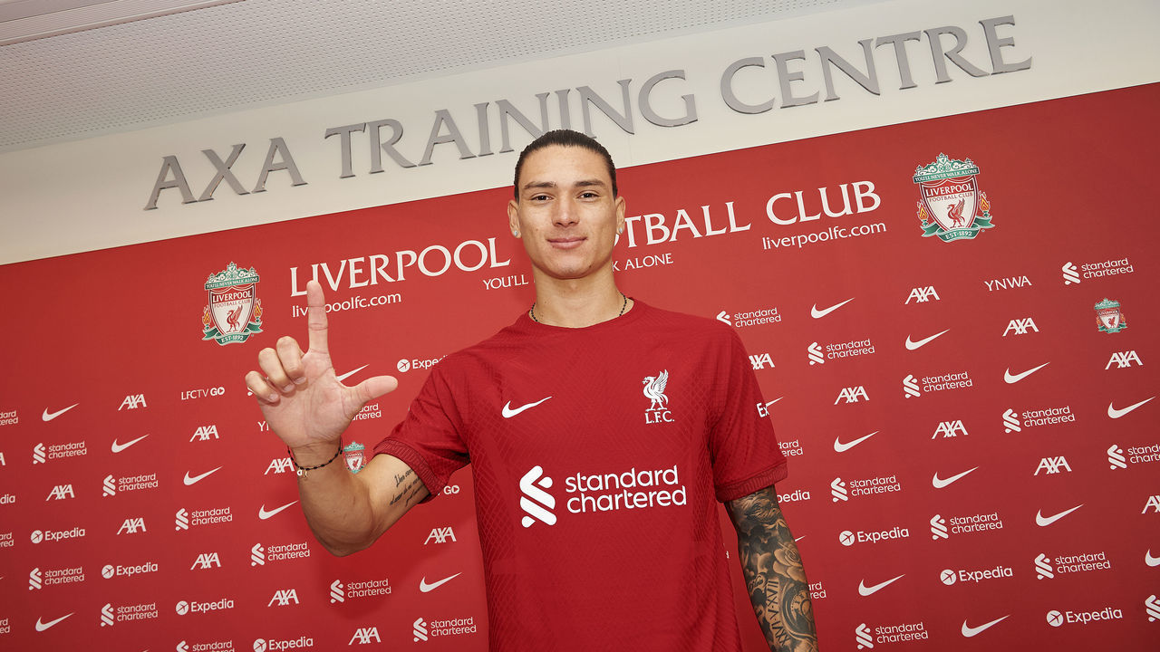 KIRKBY, ENGLAND - JUNE 14: (THE SUN OUT, THE SUN ON SUNDAY OUT) Darwin Nunez signs for Liverpool FC at AXA Training Centre on June 14, 2022 in Kirkby, England.