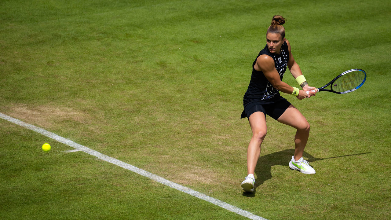 BERLIN, GERMANY - JUNE 14: Maria Sakkari of Greece in action against Leolia Jeanjean of France in her first round match on Day 2 of the bett1open 2022 Berlin, Part of the Hologic WTA Tour, at LTTC Rot-Weiß e.V. on June 14, 2022 in Berlin, Germany