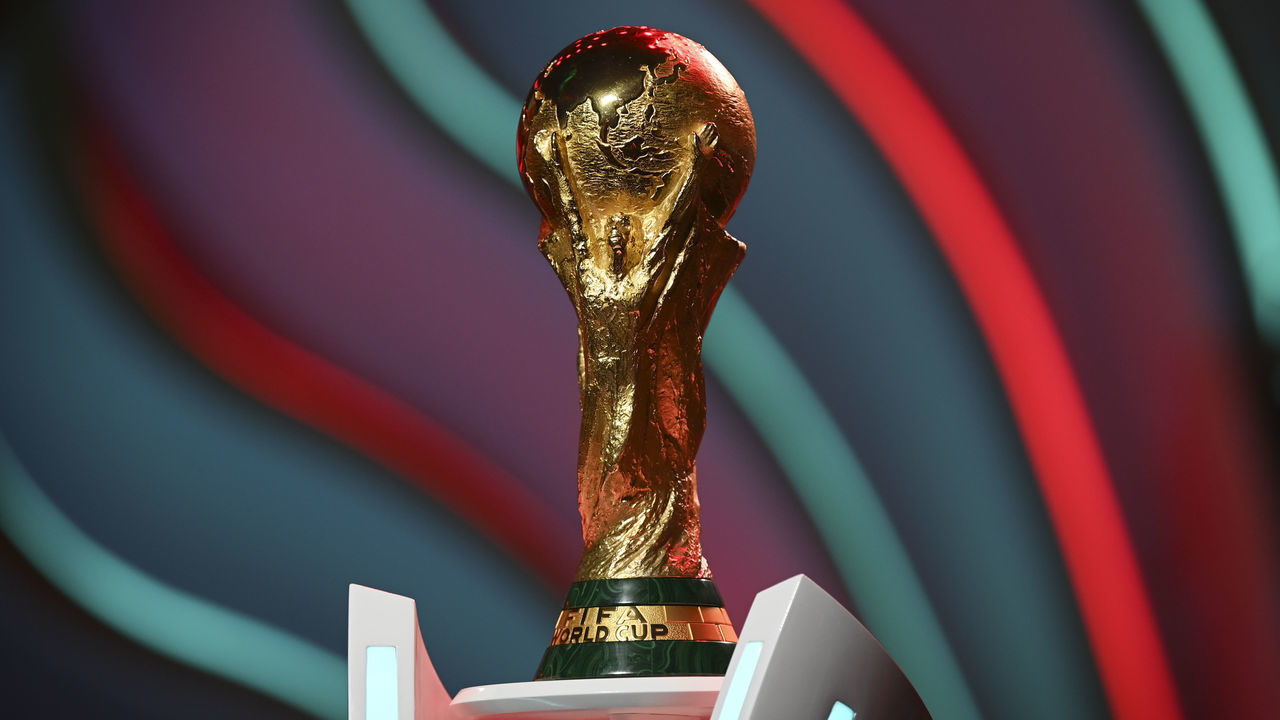 DOHA, QATAR - APRIL 01: The World Cup trophy is seen during rehearsal ahead of the FIFA World Cup Qatar 2022 Final Draw at Doha Exhibition Center on April 01, 2022 in Doha, Qatar.