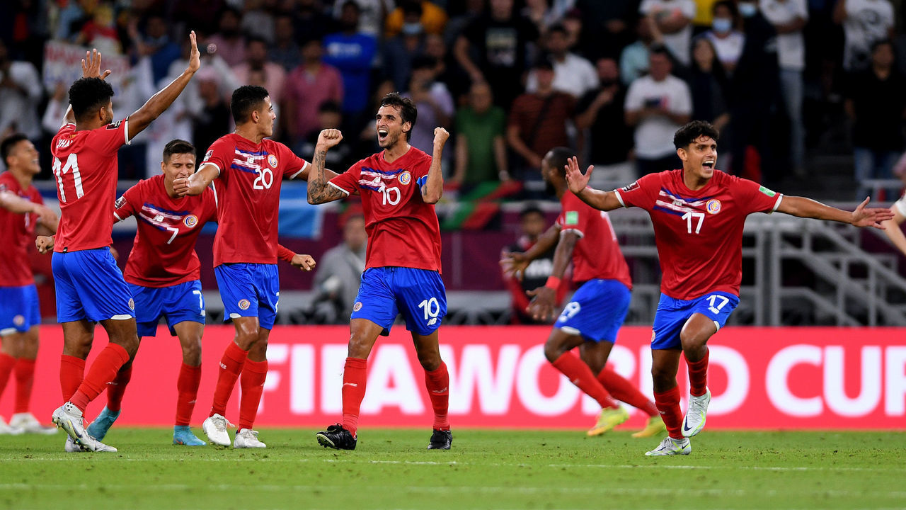 DOHA, QATAR - JUNE 14: Costa Rica celebrates after defeating New Zealand in the 2022 FIFA World Cup Playoff match between Costa Rica and New Zealand at Ahmad Bin Ali Stadium on June 14, 2022 in Doha, Qatar.
