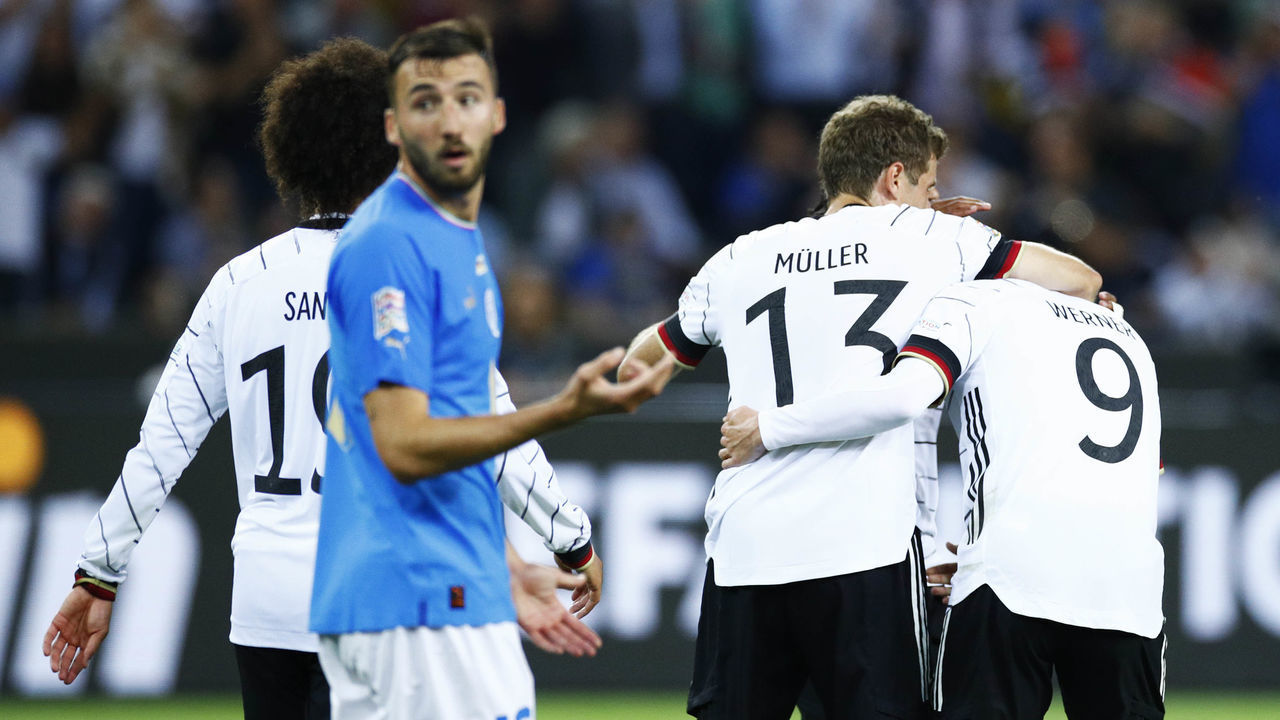 MOENCHENGLADBACH, GERMANY - JUNE 14: Timo Werner of Germany celebrates after scoring his team's fifth goal with team mates during the UEFA Nations League League A Group 3 match between Germany and England at Borussia Park Stadium on June 14, 2022 in Moenchengladbach, Germany.
