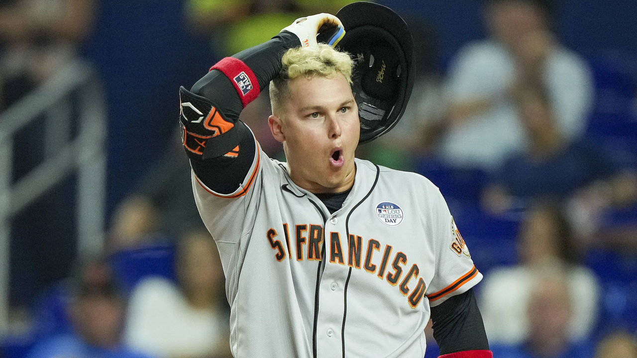 MIAMI, FLORIDA - JUNE 02: Joc Pederson #23 of the San Francisco Giants reacts after being called out on strikes in the sixth inning against the Miami Marlins at loanDepot park on June 02, 2022 in Miami, Florida.