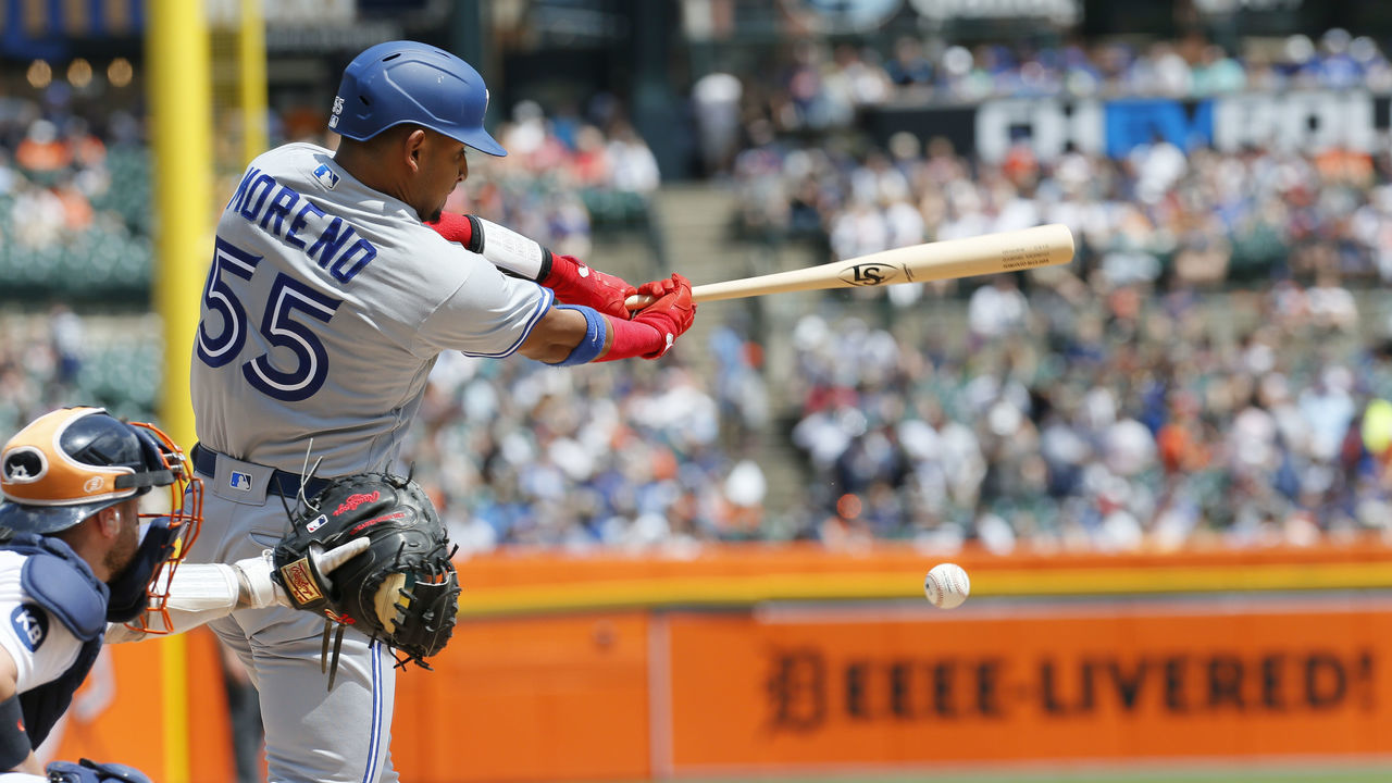 DETROIT, MI - JUNE 12: Gabriel Moreno #55 of the Toronto Blue Jays hits a foul ball against the Detroit Tigers during the fourth inning at Comerica Park on June 12, 2022, in Detroit, Michigan.