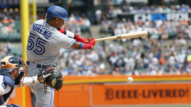 DETROIT, MI - JUNE 12: Gabriel Moreno #55 of the Toronto Blue Jays hits a foul ball against the Detroit Tigers during the fourth inning at Comerica Park on June 12, 2022, in Detroit, Michigan.