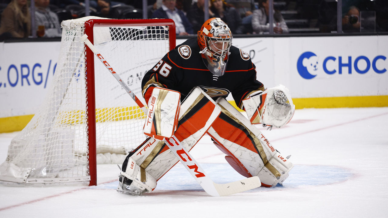 ANAHEIM, CALIFORNIA - APRIL 03: John Gibson #36 of the Anaheim Ducks in the first period at Honda Center on April 03, 2022 in Anaheim, California.