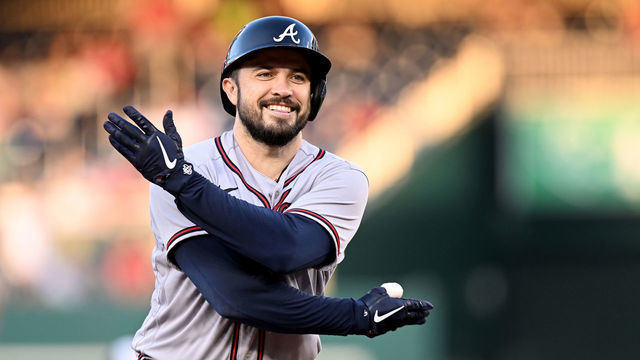 WASHINGTON, DC - JUNE 14: Travis d'Arnaud #16 of the Atlanta Braves celebrates after hitting a three-run home run in the third inning against the Washington Nationals at Nationals Park on June 14, 2022 in Washington, DC.