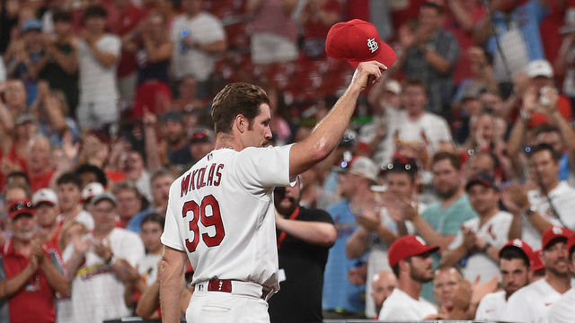 ST LOUIS, MO - JUNE 14: Miles Mikolas #39 of the St. Louis Cardinals acknowledges fans after being pulled in the ninth inning against the Pittsburgh Pirates during the second game of a double header at Busch Stadium on June 14, 2022 in St Louis, Missouri.
