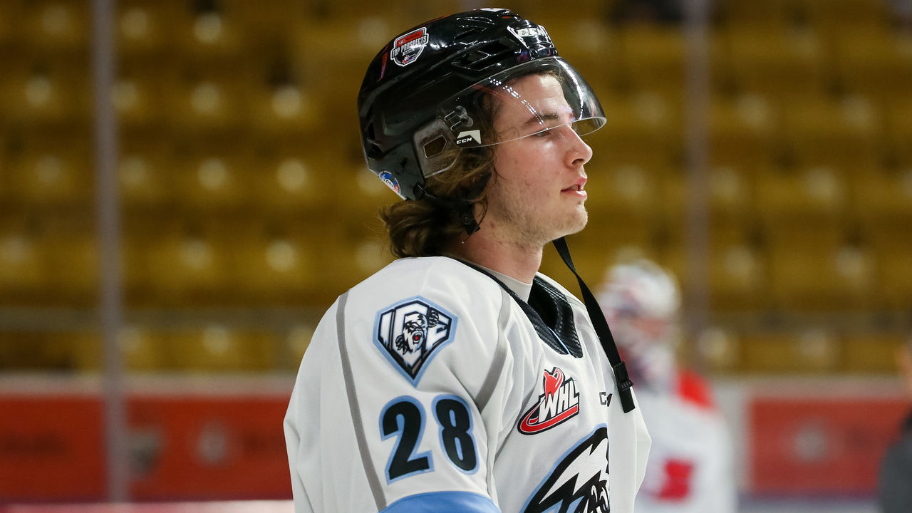 KITCHENER, ONTARIO - MARCH 23: Conor Geekie #28 of Team White skates during morning skate of the the 2022 CHL/NHL Top Prospects Game at Kitchener Memorial Auditorium on March 23, 2022 in Kitchener, Ontario.