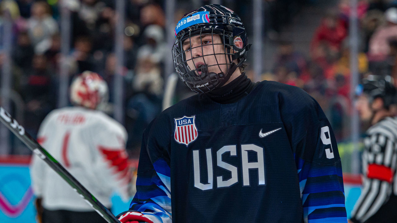 LAUSANNE, SWITZERLAND - JANUARY 21: #9 Cutter Gauthier of United States looks on during Men's 6-Team Tournament Semifinals Game between United States and Canada of the Lausanne 2020 Winter Youth Olympics on January 21, 2020 in Lausanne, Switzerland.