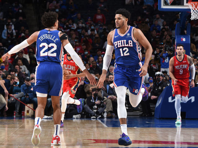 PHILADELPHIA, PA - JANUARY 25: Matisse Thybulle #22 of the Philadelphia 76ers and Tobias Harris #12 of the Philadelphia 76ers high-five during a game against the New Orleans Pelicans on January 25, 2022 at Wells Fargo Center in Philadelphia, Pennsylvania. NOTE TO USER: User expressly acknowledges and agrees that, by downloading and/or using this Photograph, user is consenting to the terms and conditions of the Getty Images License Agreement. Mandatory Copyright Notice: Copyright 2022 NBAE