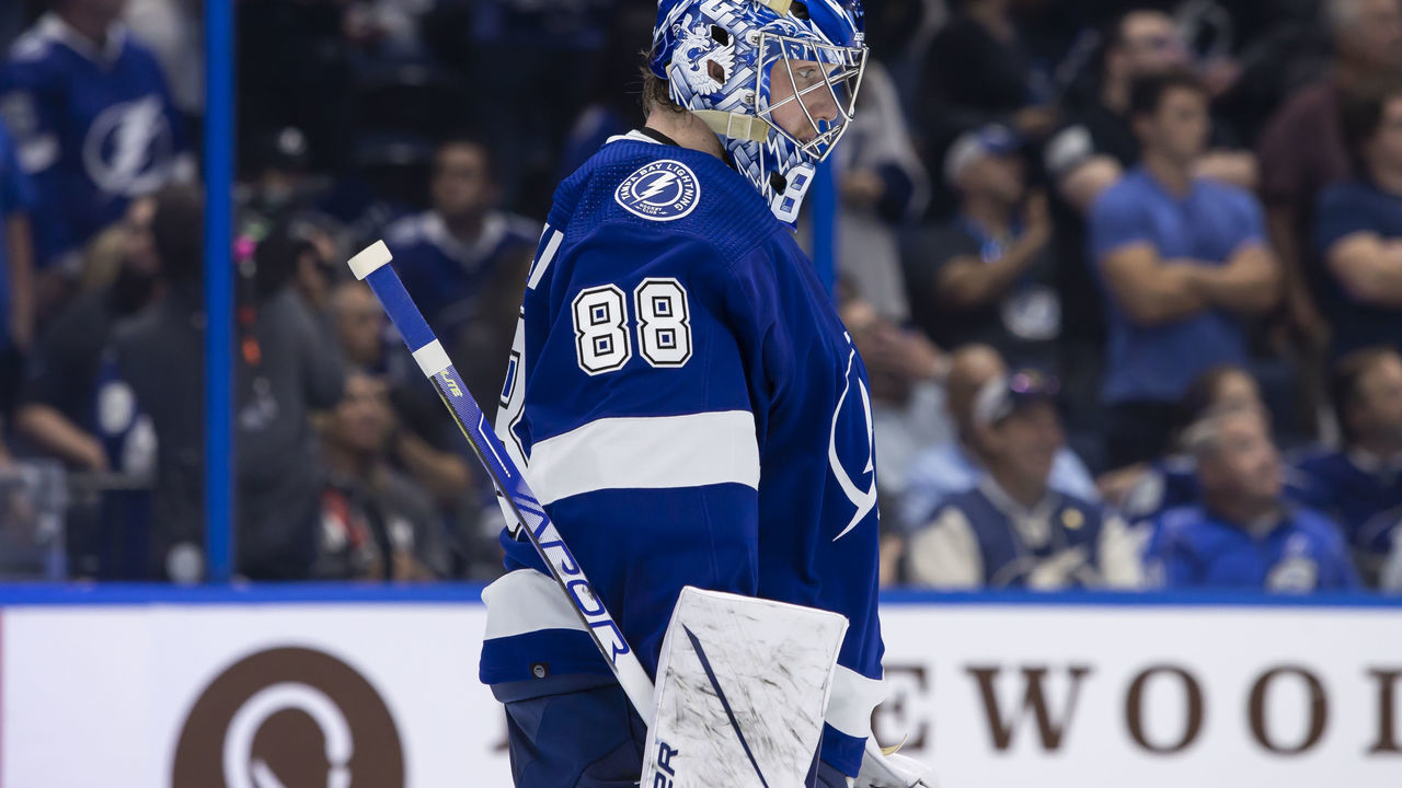 TAMPA, FL - MAY 23: Goalie Andrei Vasilevskiy #88 of the Tampa Bay Lightning skates against the Florida Panthers during the second period in Game Four of the Second Round of the 2022 Stanley Cup Playoffs at Amalie Arena on May 23, 2022 in Tampa, Florida.