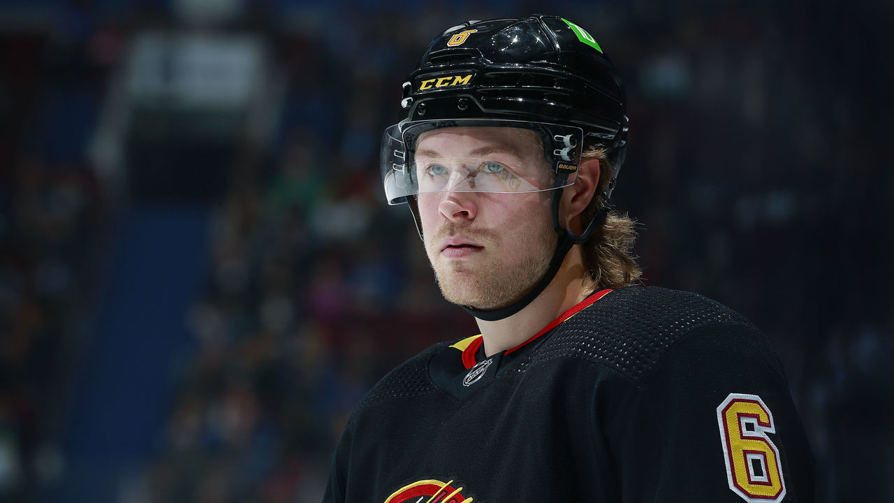 VANCOUVER, BC - APRIL 26: Brock Boeser #6 of the Vancouver Canucks looks on from the bench during their NHL game against the Seattle Kraken at Rogers Arena April 26, 2022 in Vancouver, British Columbia, Canada. "n
