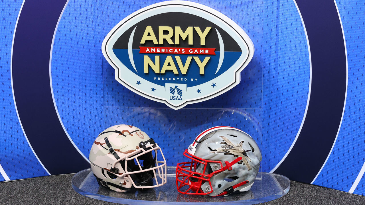 EAST RUTHERFORD, NJ - DECEMBER 11: The Anmy/Navy game logo and helmets prior to the 122nd Army/Navy college football game between the Army Black Knights and the Navy Midshipmen on December 11, 2021 at MetLife Stadium in East Rutherford, NJ.