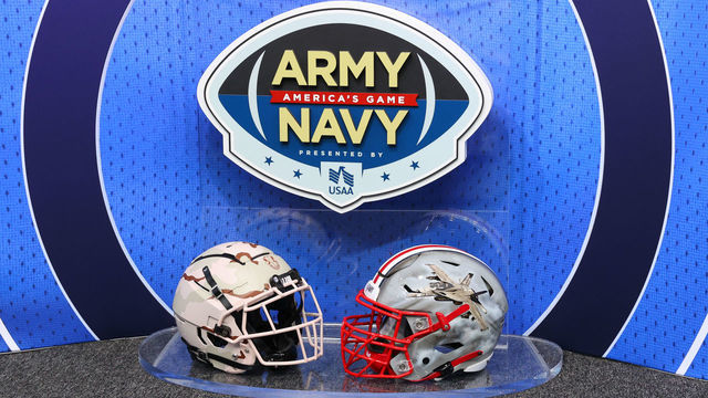 EAST RUTHERFORD, NJ - DECEMBER 11: The Anmy/Navy game logo and helmets prior to the 122nd Army/Navy college football game between the Army Black Knights and the Navy Midshipmen on December 11, 2021 at MetLife Stadium in East Rutherford, NJ.