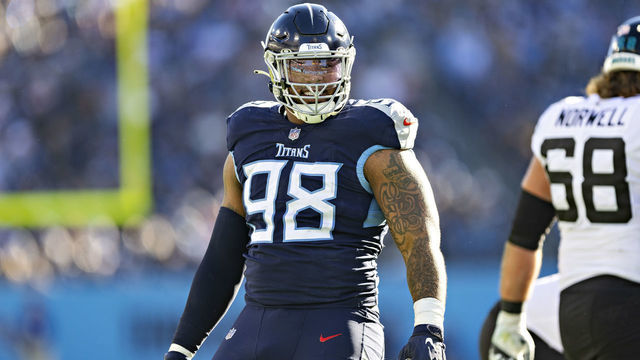 NASHVILLE, TENNESSEE - DECEMBER 12: Jeffery Simmons #98 of the Tennessee Titans celebrates after making a tackle during a game against the Jacksonville Jaguars at Nissan Stadium on December 12, 2021 in Nashville, Tennessee. The Titans defeated the Jaguars 20-0.