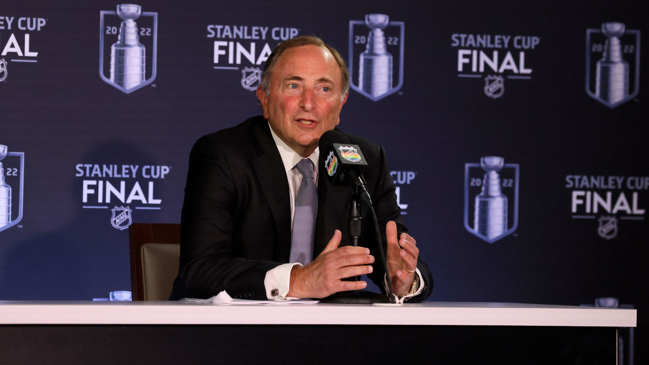 DENVER, COLORADO - JUNE 15: NHL Commissioner Gary Bettman speaks during a press conference prior to Game One of the 2022 NHL Stanley Cup Final at Ball Arena on June 15, 2022 in Denver, Colorado.