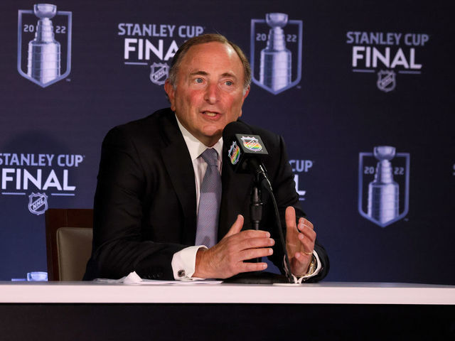 DENVER, COLORADO - JUNE 15: NHL Commissioner Gary Bettman speaks during a press conference prior to Game One of the 2022 NHL Stanley Cup Final at Ball Arena on June 15, 2022 in Denver, Colorado.